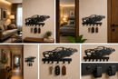 Classic open-top sports roadster car with hot rod side flames silhouette metal wall key holder with 7 hooks by Metal Studio