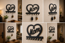 Flowing cursive Mom typography inside a large heart silhouette metal wall key holder with 7 hooks by Metal Studio