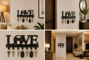 Bold block lettering LOVE with a romantic couple kissing inside the O letter silhouette metal wall key holder with 7 hooks by Metal Studio