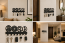 Retro music icons with vinyl record and treble clef silhouette metal wall key holder with 7 hooks by Metal Studio