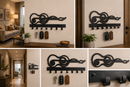 Acoustic guitar profile beautifully fused into a treble clef melody silhouette metal wall key holder with 7 hooks by Metal Studio