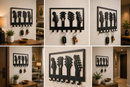 Four classic acoustic and electric guitar headstock silhouettes framed elegantly on a metal wall key holder with 7 hooks by Metal Studio