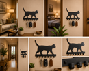 Graceful side profile silhouette of a sleek walking cat with tail high metal wall key holder with 7 hooks by Metal Studio