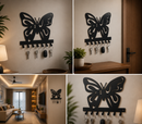 Majestic bold line art symmetric butterfly silhouette outline metal wall key holder with 7 hooks by Metal Studio