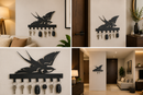 Graceful flying swallow bird silhouette laser-cut metal wall key holder with 7 hooks by Metal Studio