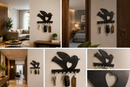 Flying bird silhouette with a beautiful central heart cutout metal wall key holder with 7 hooks by Metal Studio