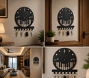 Circular clock face graphic containing rhythmic piano keys and classic treble clef accents metal wall key holder with 7 hooks by Metal Studio