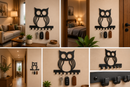 Charming detailed big round-eyed wise owl bird silhouette body perched on a bar metal wall key holder with 7 hooks by Metal Studio