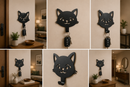 Cute cartoon styled smiling kitten face silhouette outline single hook metal wall key holder by Metal Studio