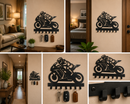 Dynamic sportbike motorcycle racer leaning into a turn silhouette metal wall key holder with 7 hooks by Metal Studio